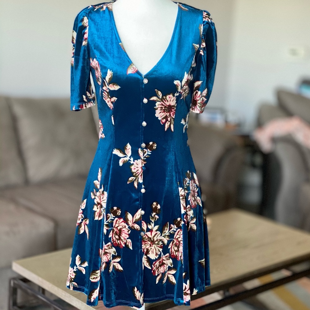 Blue Velvet Fit and Flare Floral Mini Dress